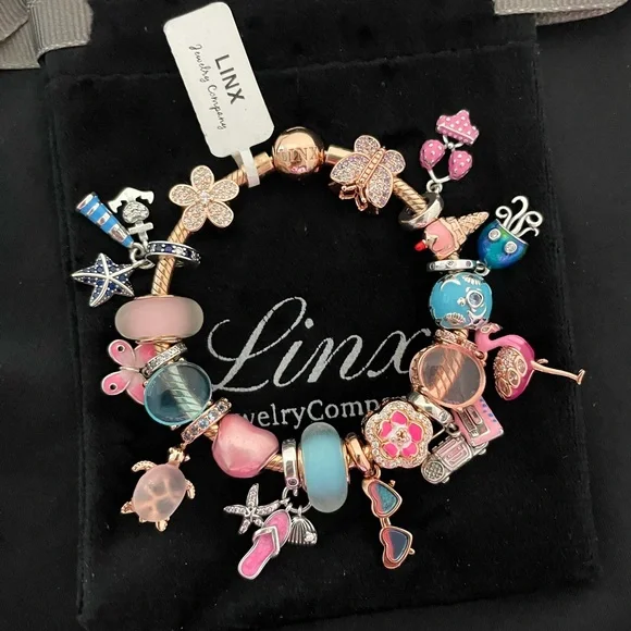 Linx Rose Gold Snake Chain Bracelet with Beach and Summer Themed Charms